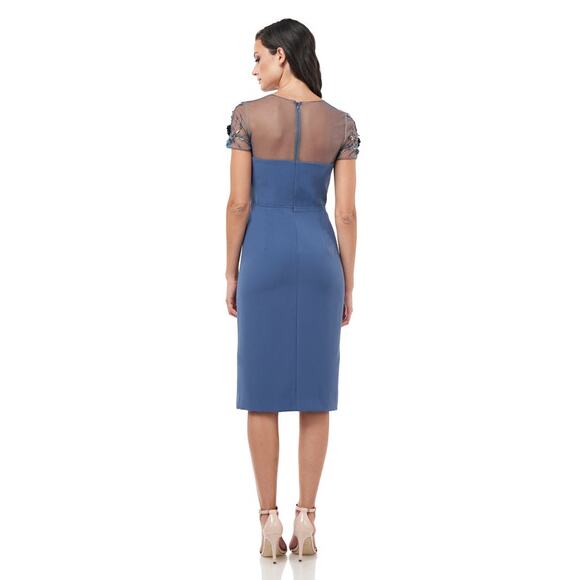 JS Collections Beaded Bodice Crepe Mineral Blue Midi Sheath Dress Women Size 10 - Picture 2 of 16